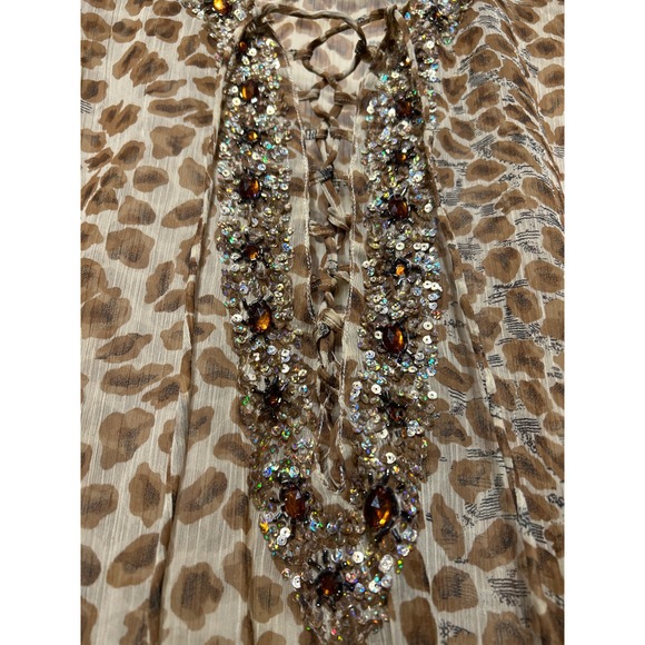TieRack Leopard Print Sequin Beaded Lace Up Kaftan Tunic Brown Tan One Size - Picture 3 of 13